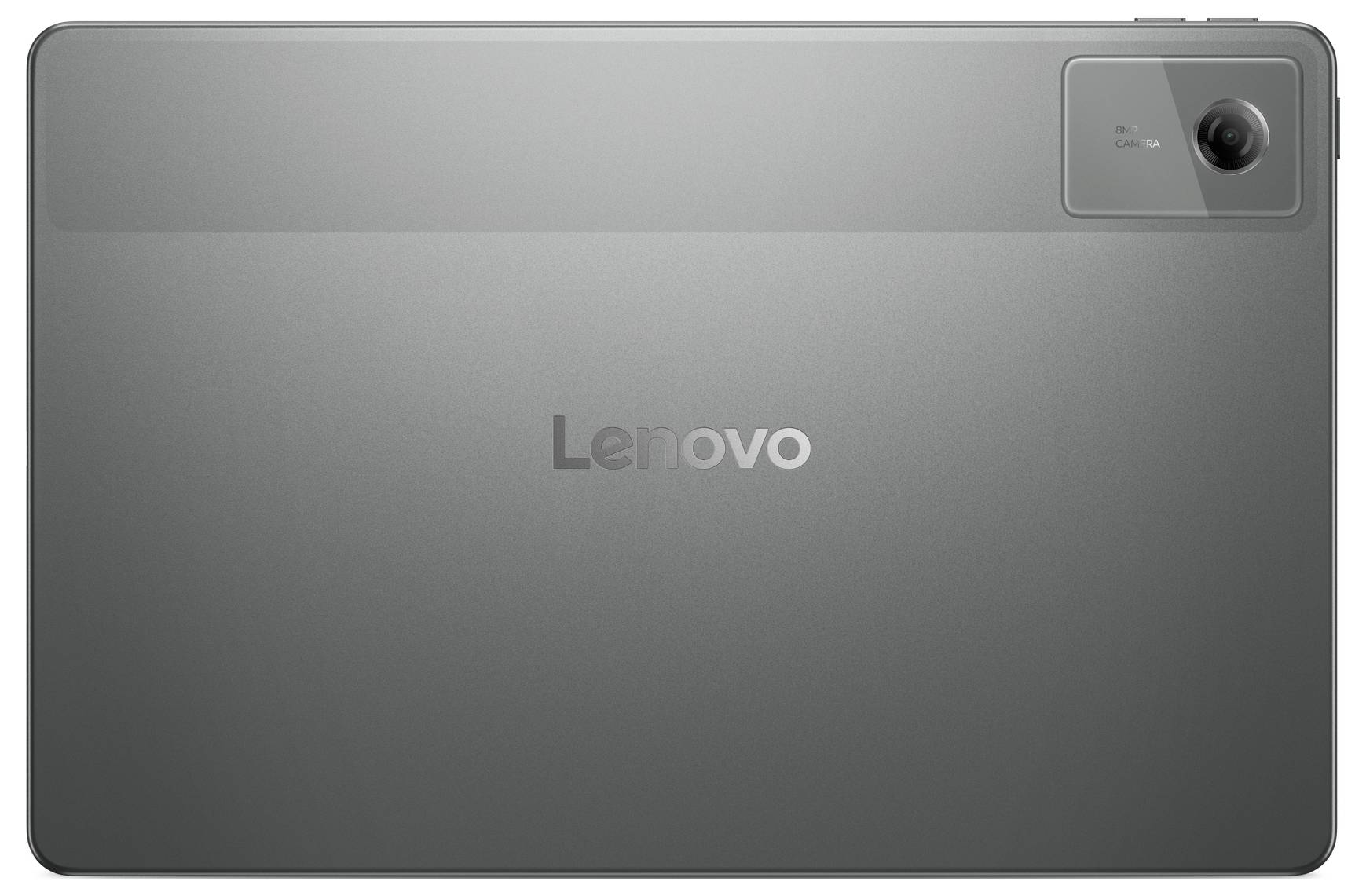Achteraanzicht van een grijze Lenovo-tablet, met zichtbaar de camera en het Lenovo-logo.