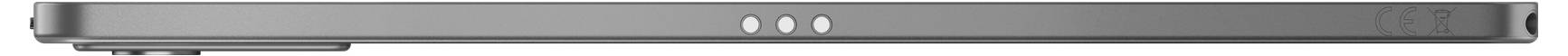 Een strakke, grijze soundbar met een minimalistisch ontwerp, voorzien van twee kleine ronde knoppen op het voorpaneel.