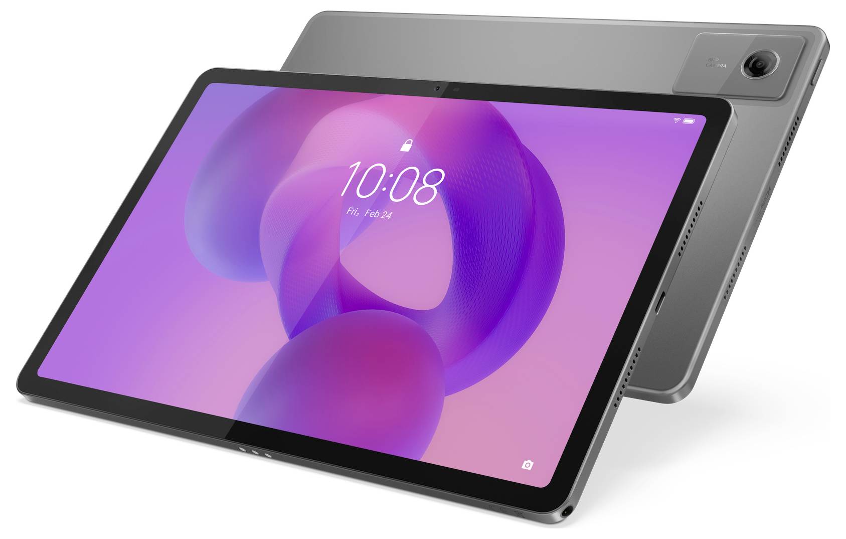 Een slanke, moderne tablet met een levendig roze en paars abstract scherm prominent in beeld. Een andere tablet wordt van achteren getoond, waarbij de metalen afwerking en camera worden geaccentueerd.