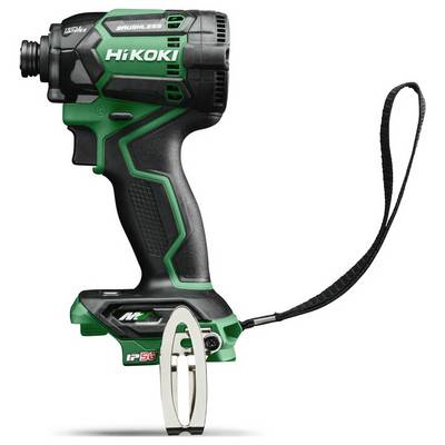 Een groene en zwarte snoerloze slagschroevendraaier met 'HiKOKI' merklogo, uitgerust met een borstelloze motor, polsband en een riem-clip.