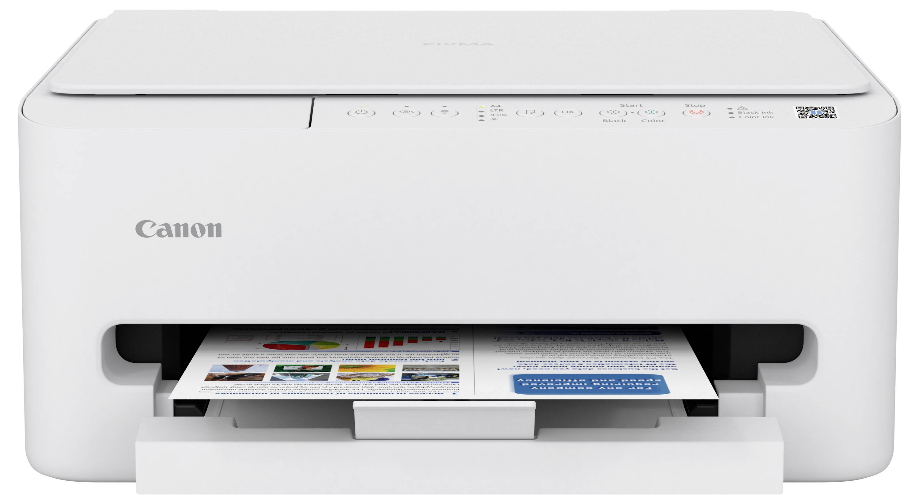 Een witte Canon multifunctionele printer drukt een kleurrijk document af. De printer heeft een compacte vormgeving met bedieningsknoppen bovenop het apparaat.
