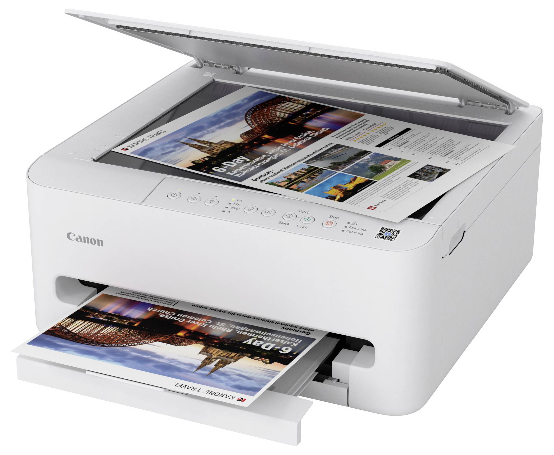 Een witte Canon-printer die een gekleurd document print met afbeeldingen en tekst. Het document toont een foto van een brug en een evenementenadvertentie.