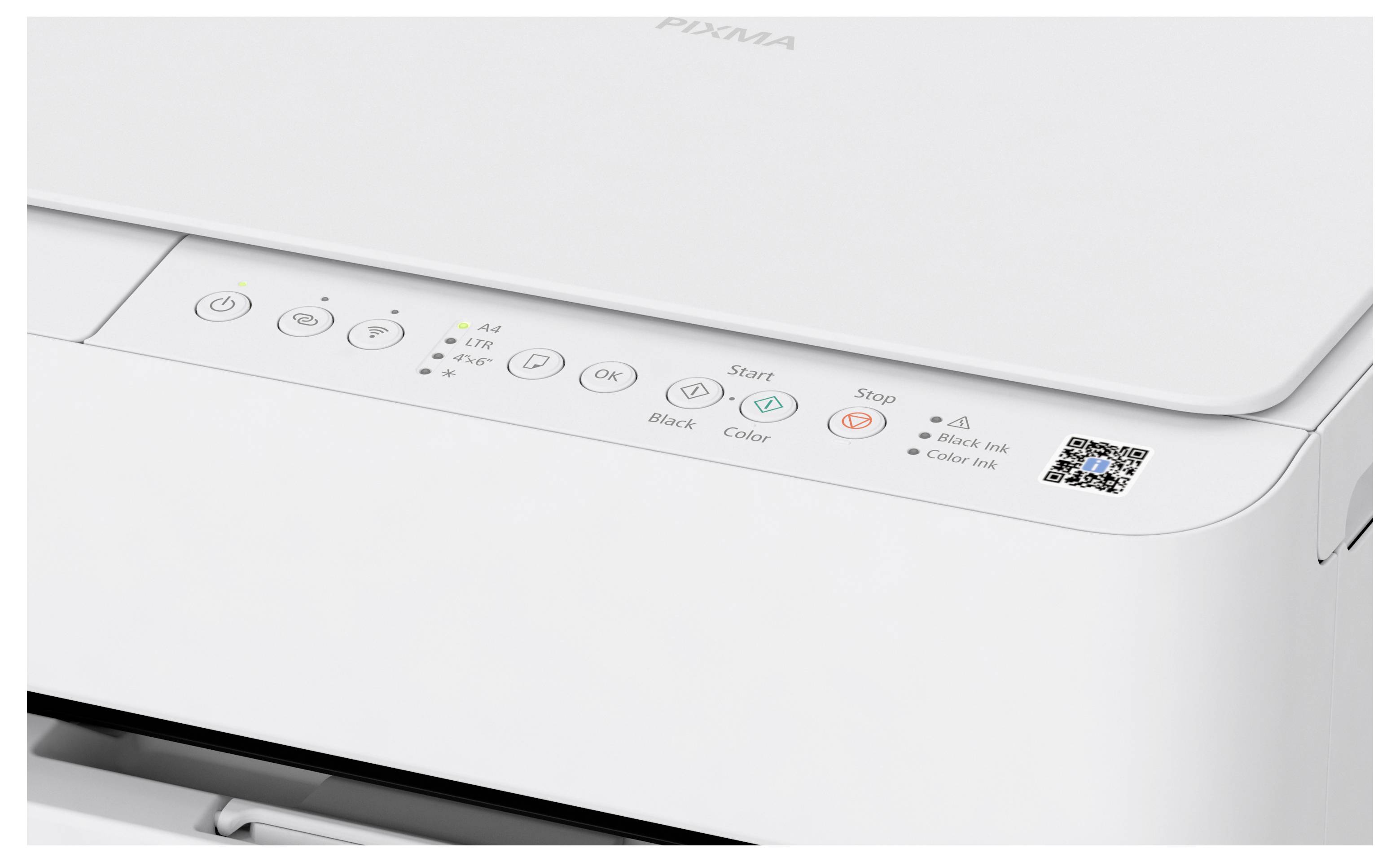 Een wit bedieningspaneel van een printer met aan/uit-knop, Wi-Fi-indicator en verschillende functietoetsen, waaronder start- en stopknoppen, met een klein display-scherm.