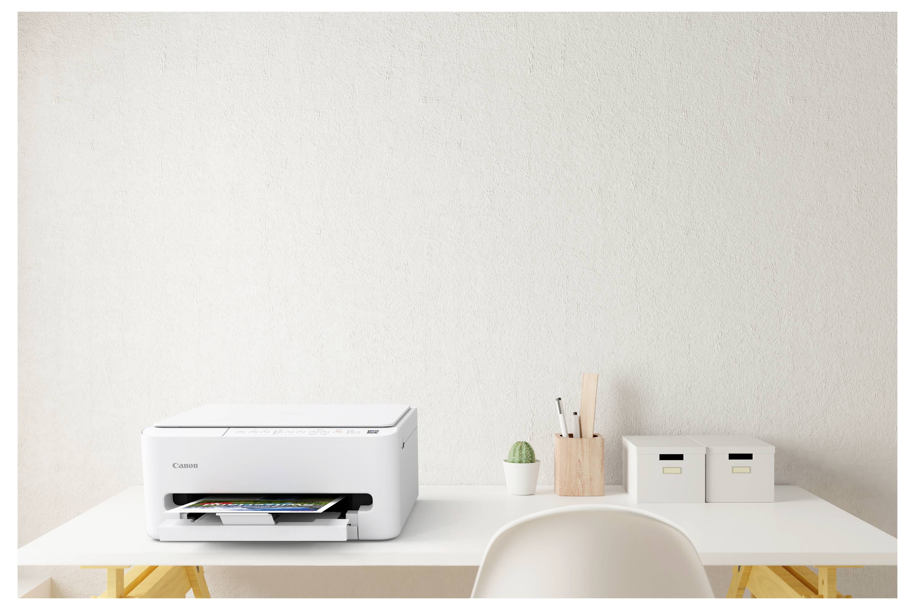 Een minimalistische kantoorbureau met een witte printer, een kleine plant en twee opslagdozen. De muur op de achtergrond is lichtgekleurd en egaal.