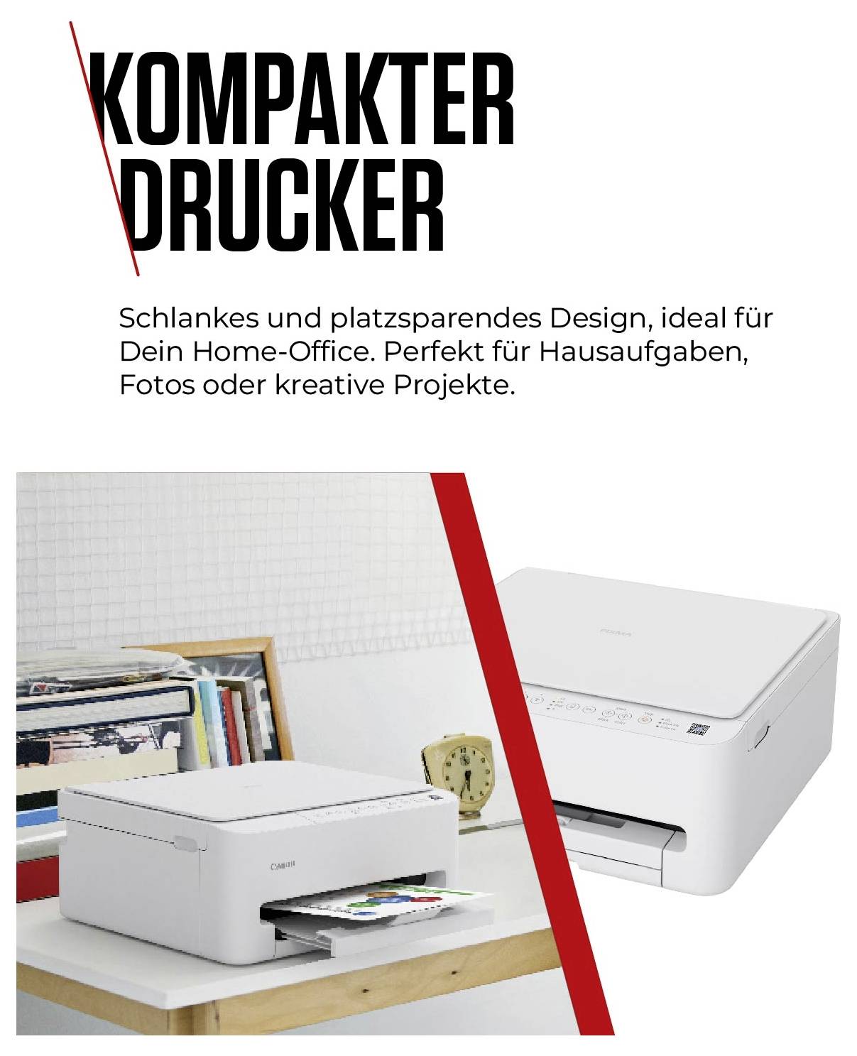 Een compacte witte printer drukt een kleurenfoto af. Tekst: 'Compacte Printer'. Ideaal voor thuiswerk en creatieve projecten.