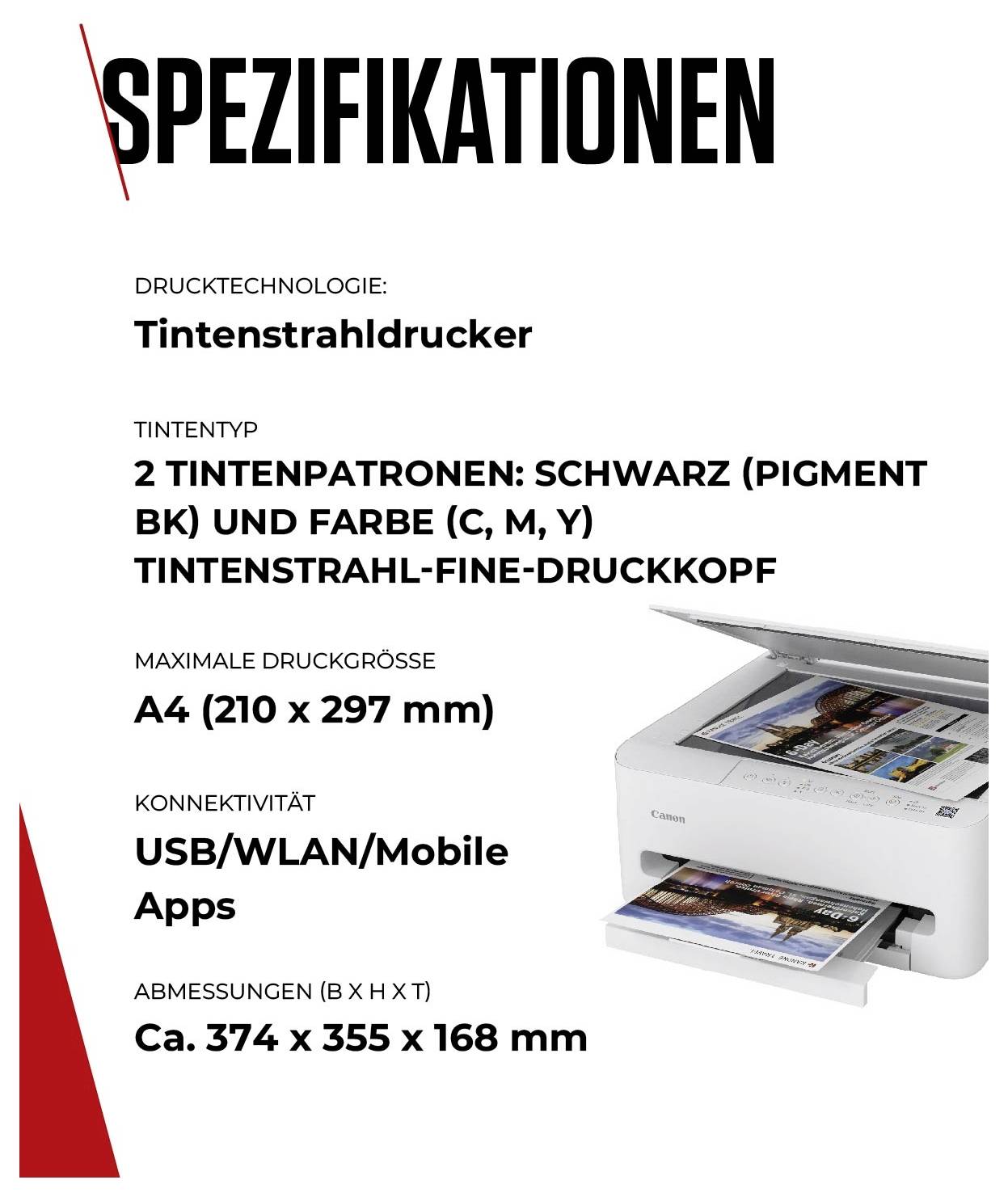 Inktstraallrinter: 2 inktcartridges, maximale afdrukgrootte A4, connectiviteit USB/WLAN/mobiele apps, ongeveer 374 x 355 x 168 mm.