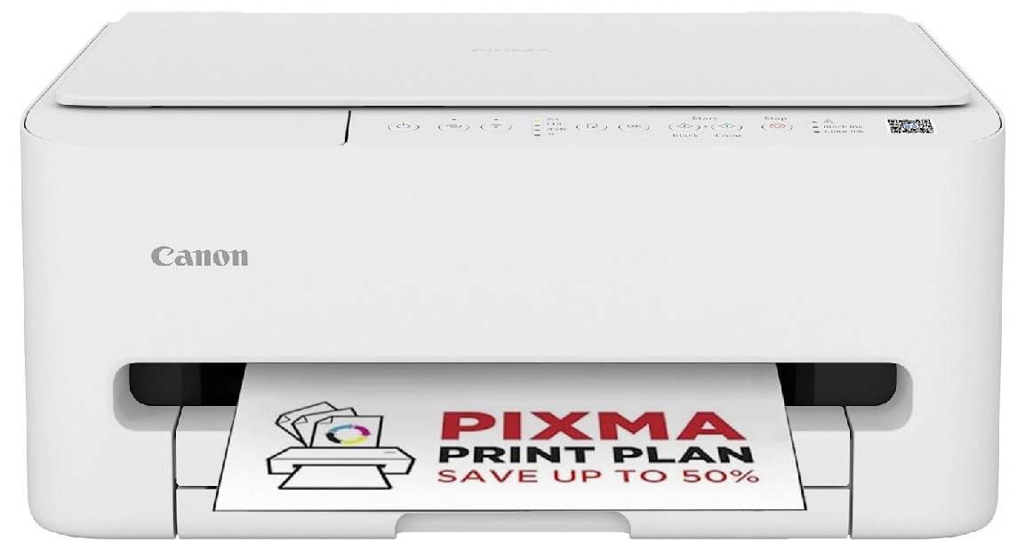 Witte Canon-printer met een vel papier in het uitvoerlade, waarop 'PIXMA PRINT PLAN - SAVE UP TO 50%' staat.