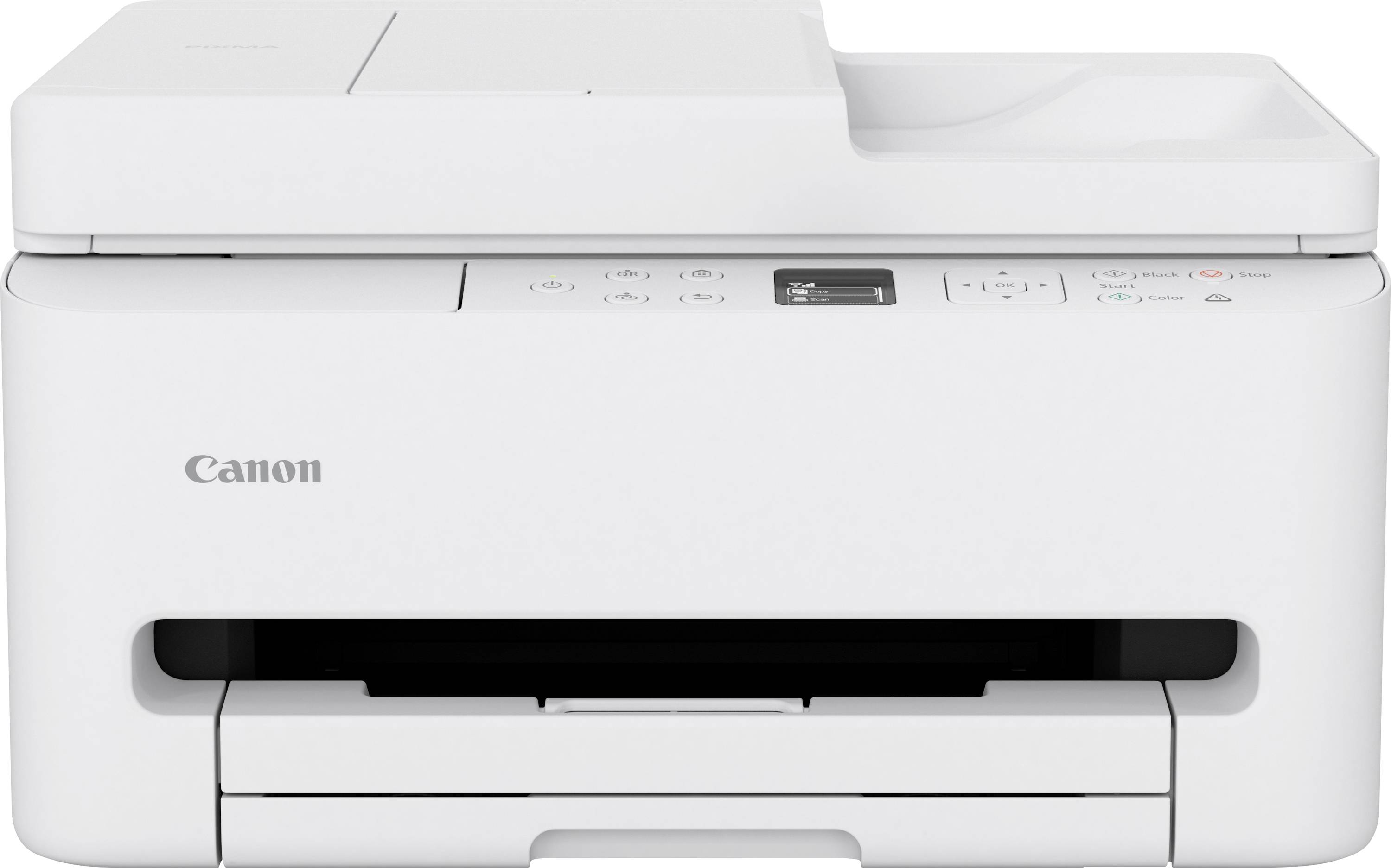 Een witte Canon-printer met bedieningspaneel en papierlade, ontworpen voor thuisgebruik of kantoor, gezien van voren.