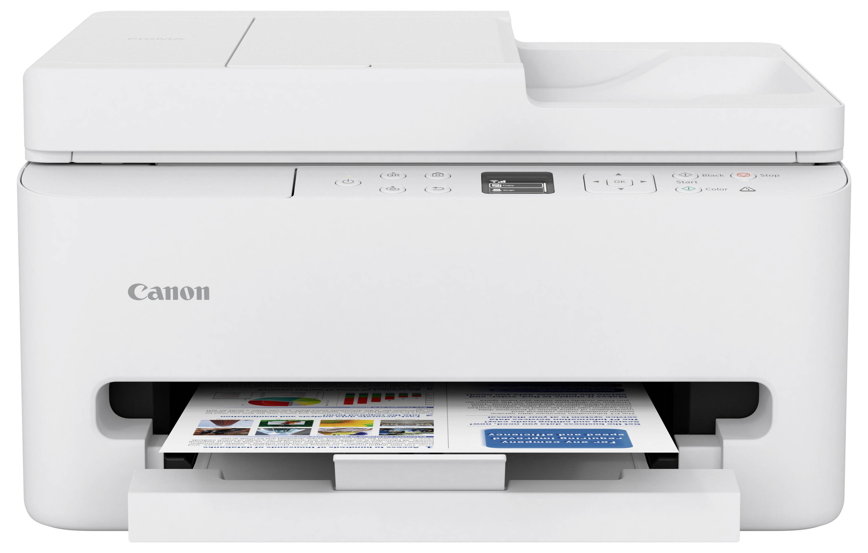 Een witte Canon printer met een papier waarop kleurrijke grafieken en tekst worden afgedrukt, waarbij de functionaliteit en uitvoerkwaliteit worden benadrukt.