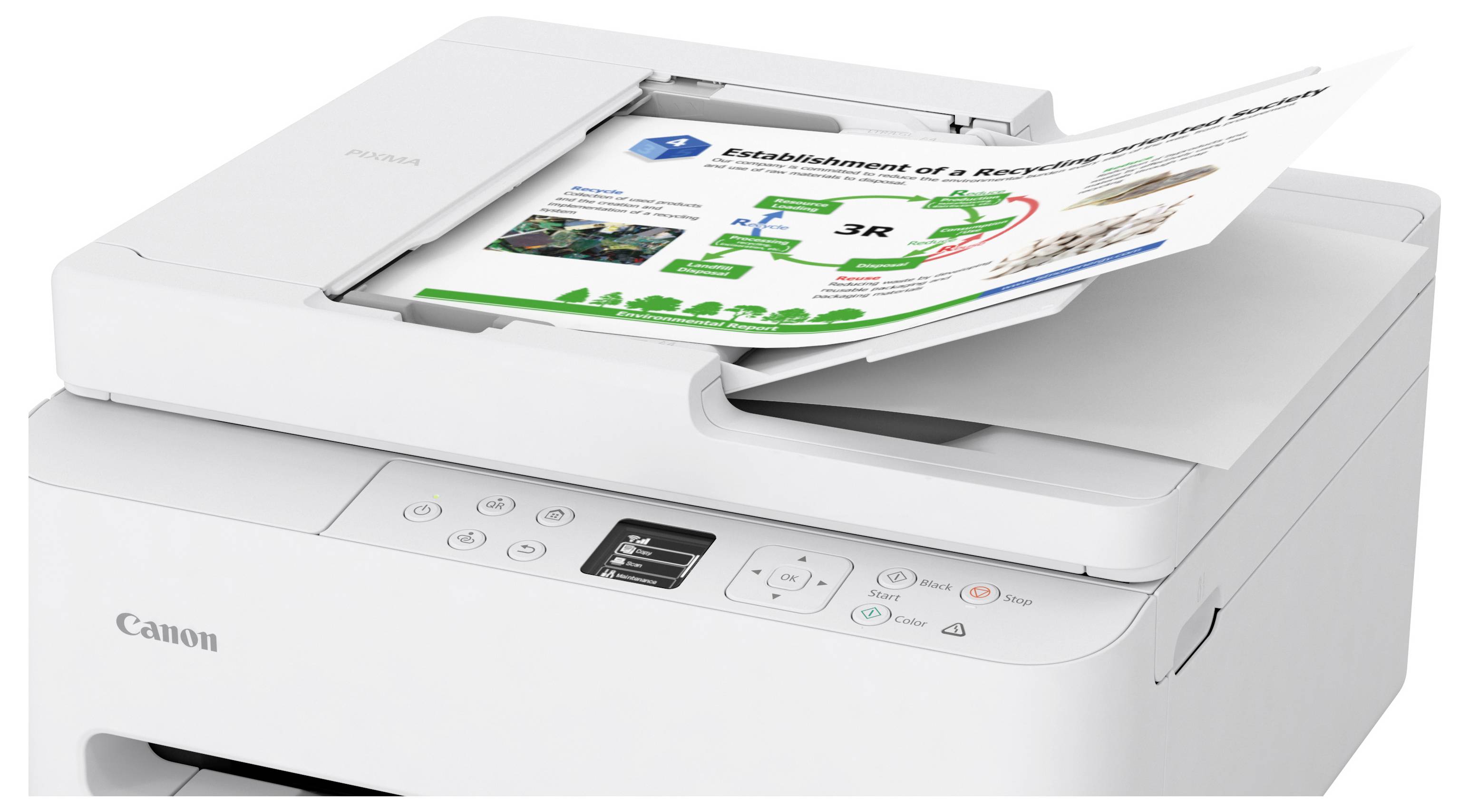 Een witte Canon-printer met een pagina die naar buiten komt, met een stroomdiagram in het groen en blauw met als titel 'Totstandkoming van een Kringloopmaatschappij'.