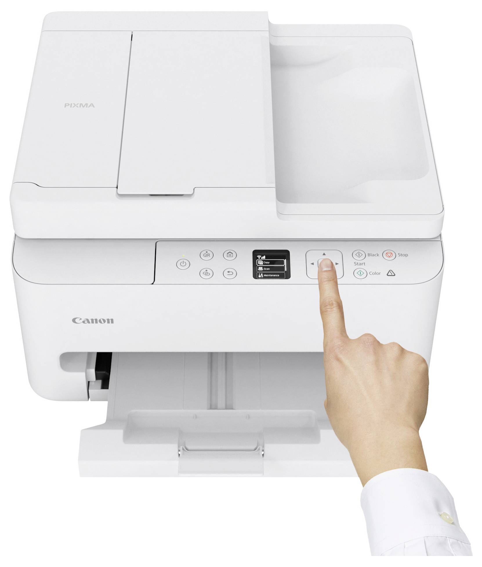 Een hand die op de aan-/uitknop van een Canon-printer drukt.