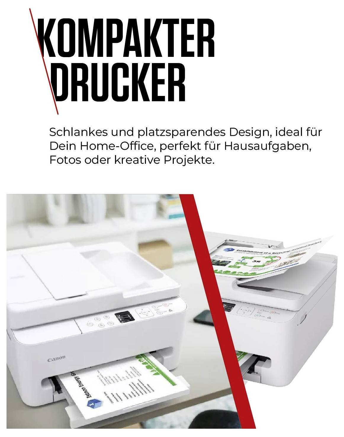 'Compacte printer: slanke, ruimtebespaarende vormgeving geschikt voor thuiskantoor, huiswerk, foto's of creatieve projecten.'