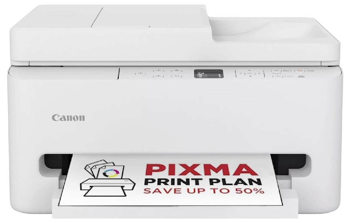 Een witte printer drukt een document af met de opschrift 'PIXMA Print Plan Bespaar tot 50%'.