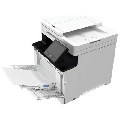 Een gesloten witte printer met een open papierbak en een schuin geplaatst bedieningspaneel waarop verlichte aan/uit- en annuleringstoetsen zijn weergegeven.
