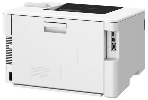 Een witte kantoorprinter met USB- en Ethernet-poorten aan de rechterzijde, geschikt voor grootschalig afdrukken en netwerkconnectiviteit.