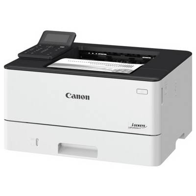 Een Canon i-SENSYS laserprinter met een document gedeeltelijk uitgeworpen, met een bedieningspaneel bovenop.