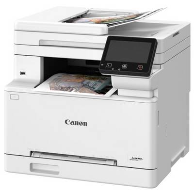 Een Canon multifunctionele printer met een touchscreen, waarbij gekleurde pagina's worden afgedrukt, ontworpen voor kantoorgebruik.