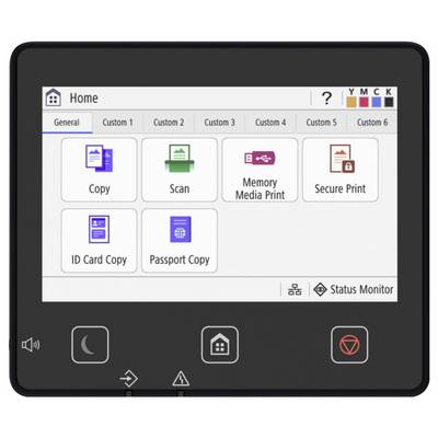 Bedieningspaneel printer met functies: 'Kopiëren', 'Scannen', 'Afdrukken vanaf geheugenopslag', 'Beveiligd afdrukken', 'ID-kaart kopiëren' en 'Paspoort kopiëren'.