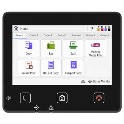 Een touchscreen-interface met opties voor 'Kopiëren', 'Fax', 'Scannen', 'Afdrukken vanaf geheugenmedium', 'Beveiligd afdrukken', 'ID-kaart kopiëren' en 'Paspoort kopiëren'.