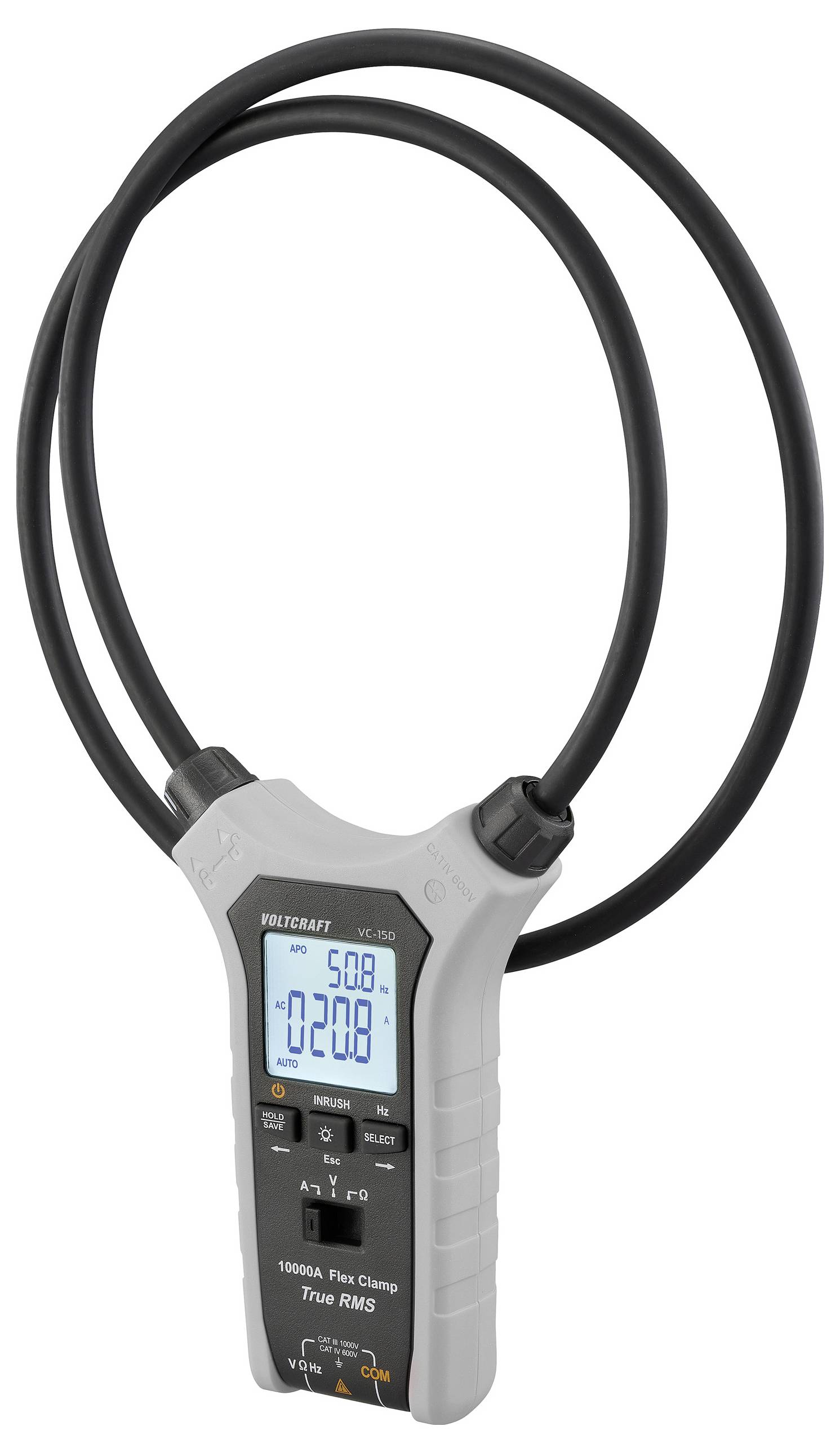 Een draagbare digitale stroomtangmeter met een flexibele lus, die metingen weergeeft op zijn verlichte scherm.