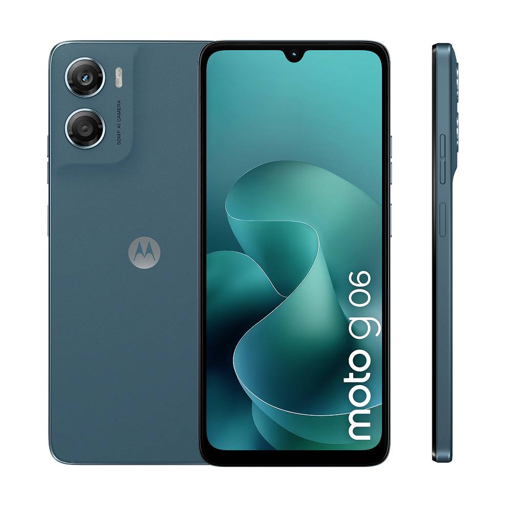 Motorola telefoonadvertentie: 'moto g 06' met FIFA-branding. Tekst: 'Kopen - Registreren - Winnen'. Afgebeeld is een gelukkig persoon die een telefoon vasthoudt.