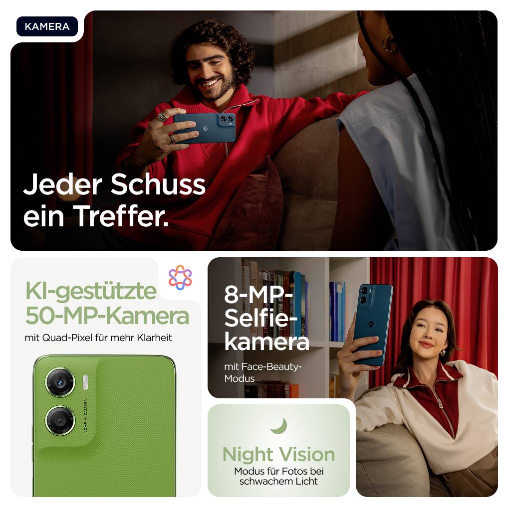Een man en een vrouw gebruiken een smartphone. De tekst 'Elke schot een treffer.' geeft de camerafuncties van het apparaat aan.