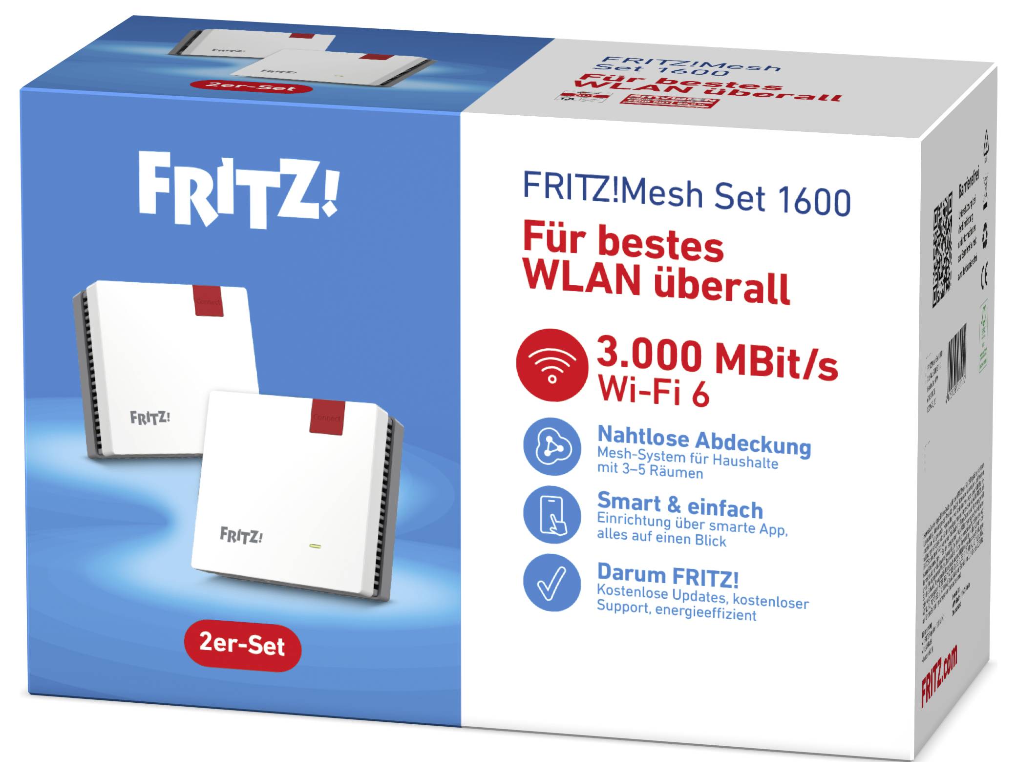 Doos met twee FRITZ! Mesh Set 1600 routers voor Wi-Fi dekking met functies zoals 3000 MBit/s, Wi-Fi 6, naadloze dekking en eenvoudige installatie.
