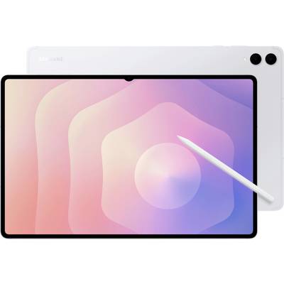 Een tablet met een stylus die op het scherm is geplaatst, waarbij een wazig pastelkleurig verloop wordt weergegeven; een dubbele cameraconfiguratie is zichtbaar aan de achterkant.