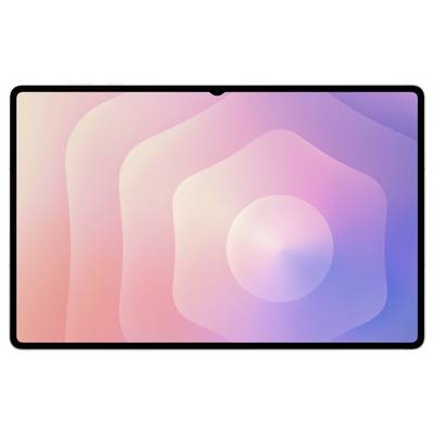 Een tablet met een scherm waarop een pastelgradiënt-patroon wordt weergegeven met concentrische, golvende vormen in tinten van roze, perzik en paars.