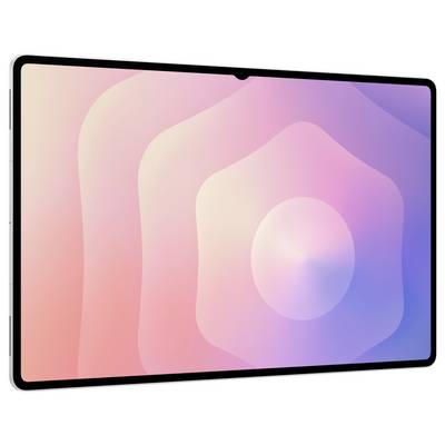 Een tablet met een dunne rand waarop een schermbeveiliging wordt weergegeven met abstracte roze en paarse gradiëntvormen die vanuit het midden uitstralen.