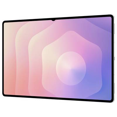 Een tabletapparaat met een roze-paarse verloopgradiënt met geometrisch design op het scherm, met een cirkelvormig patroon in het midden.