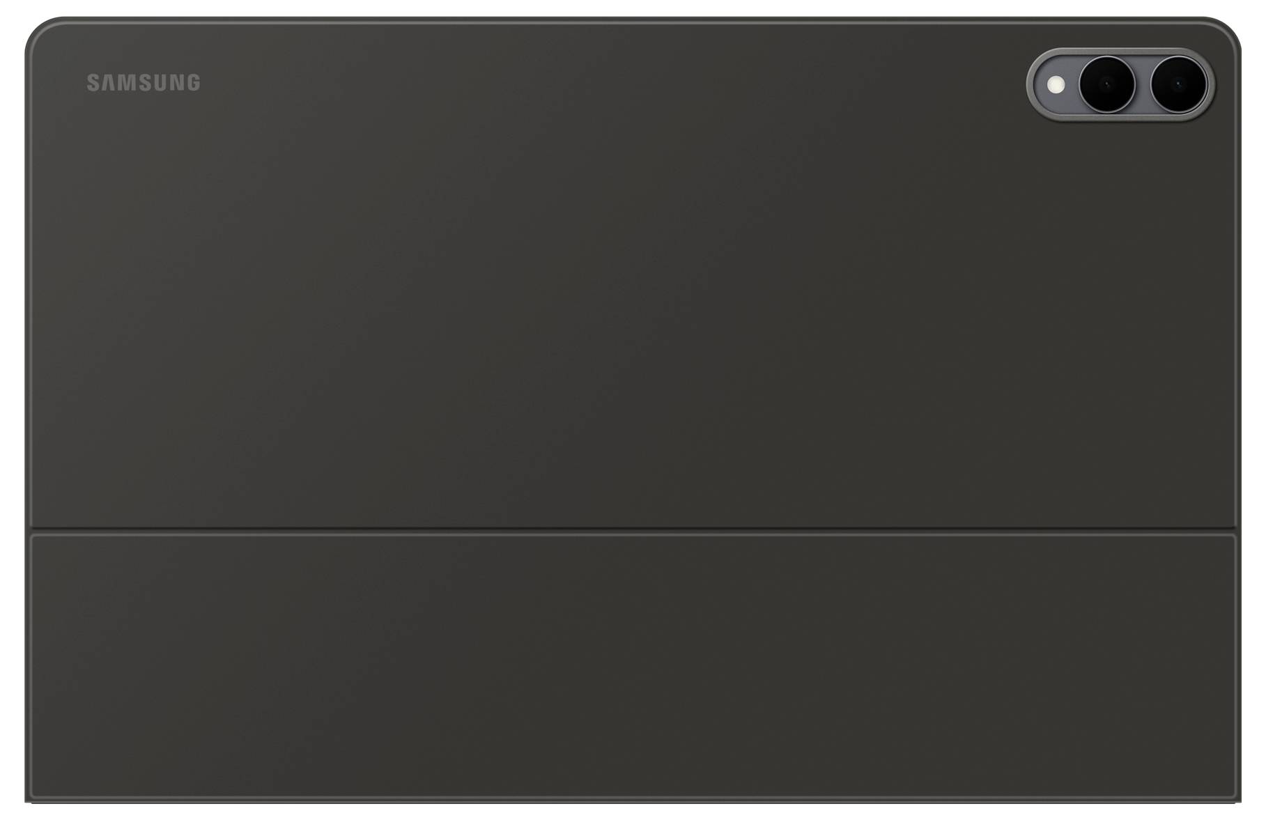 Een zwarte Samsung-tablet gezien vanaf de achterkant, met twee achteruitcamera's die zich in de rechterbovenhoek bevinden.
