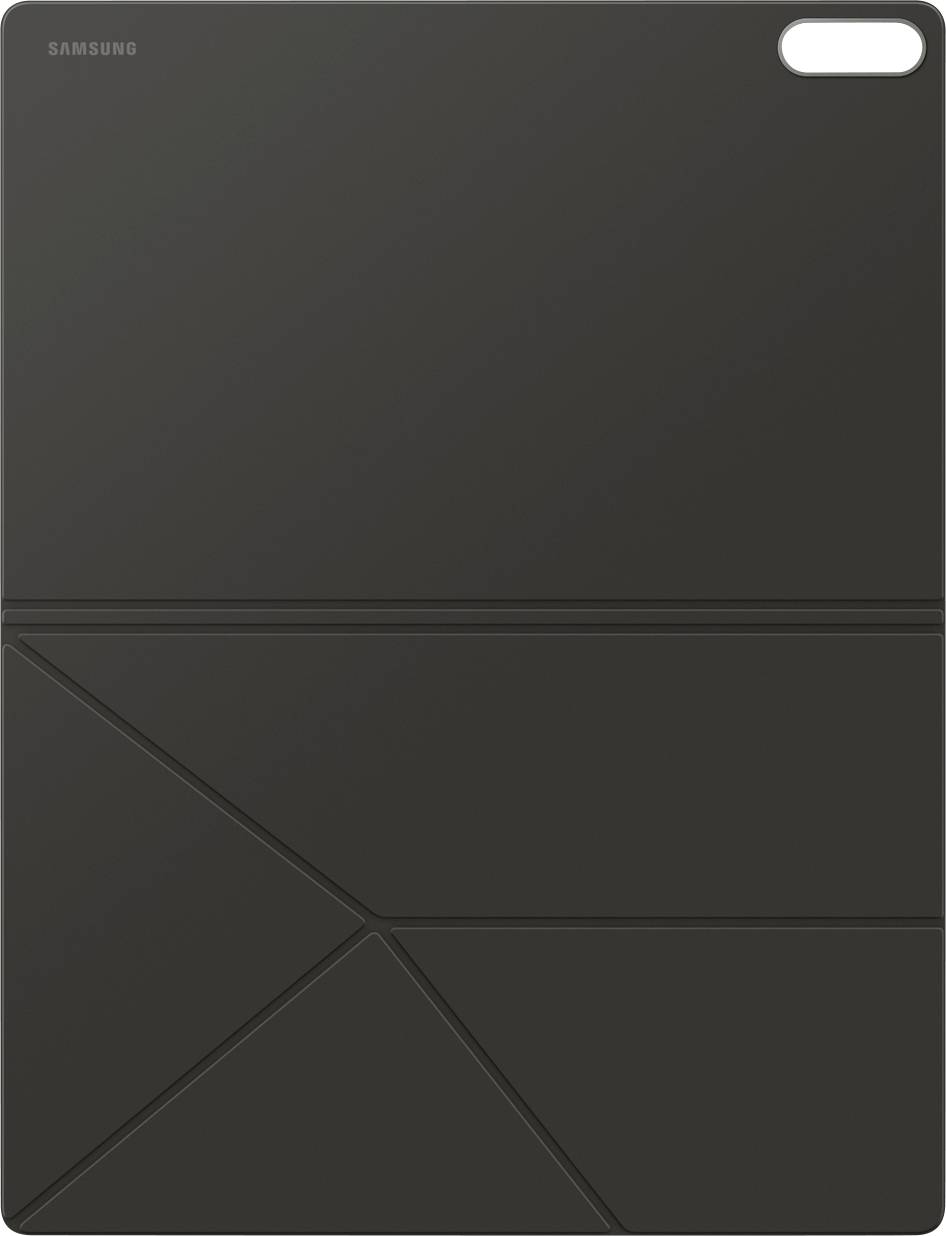 Een strakke, zwarte tablethoes met geometrische patronen, ontworpen voor een Samsung-apparaat.