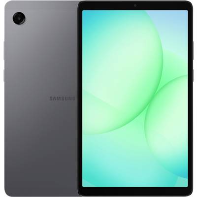 Een zwarte tablet met een voor- en achteraanzicht; het voorste scherm toont een helderblauw abstract achtergrondontwerp met gebogen vormen.