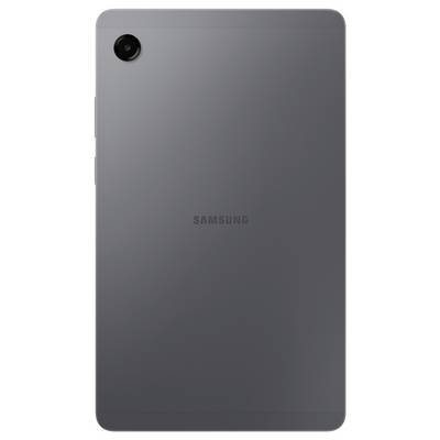 Een strak, grijs tablet gezien van achteren met een enkele cameralens in de linkerbovenhoek, en de merknaam 'Samsung' in het midden.