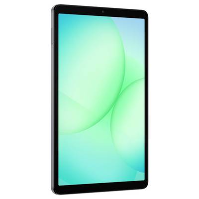 Een strak tablet met een dunne zwarte rand vertoont een groene abstracte achtergrond op het scherm.