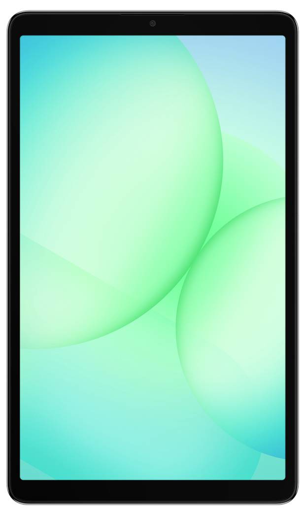 Een tablet met een zwarte rand waarop een abstract groen en blauw achtergrondscherm wordt weergegeven.