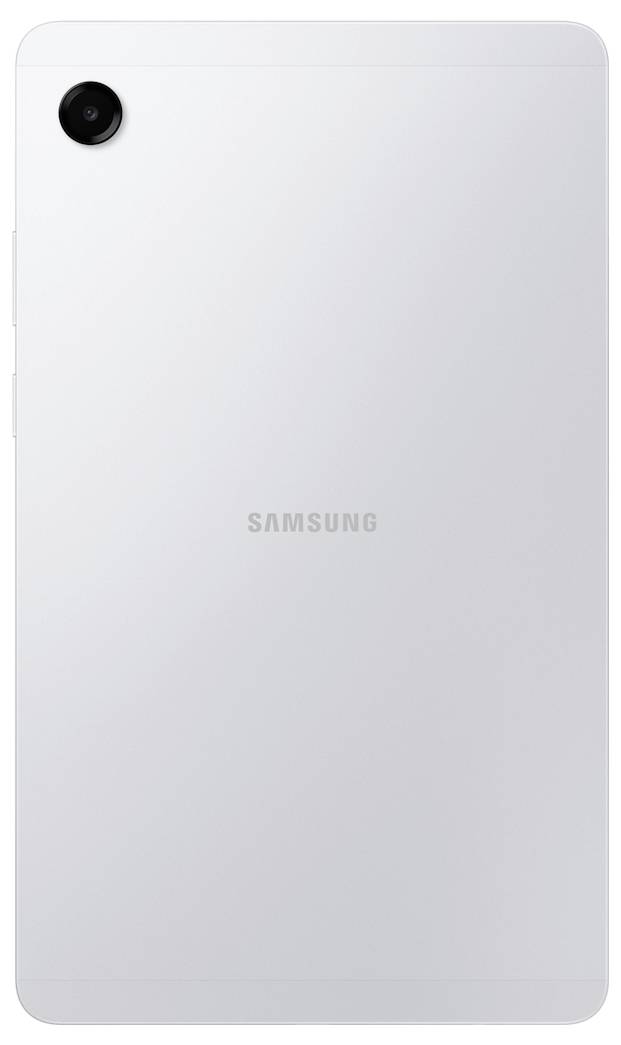 Achteraanzicht van een strak, zilver Samsung-tablet met een enkele camera in de linkerbovenhoek en het 'Samsung'-logo in het midden.