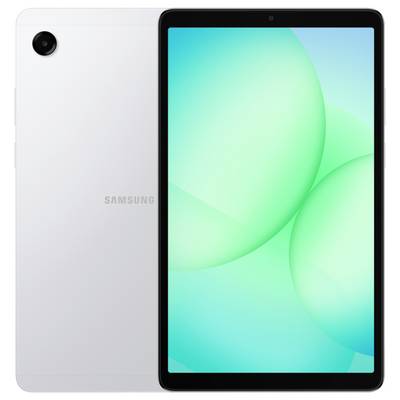 Vooraanzicht en achteraanzicht van een witte tablet met een zwarte schermrand. Het scherm toont een lichtgroene abstracte vormgeving.