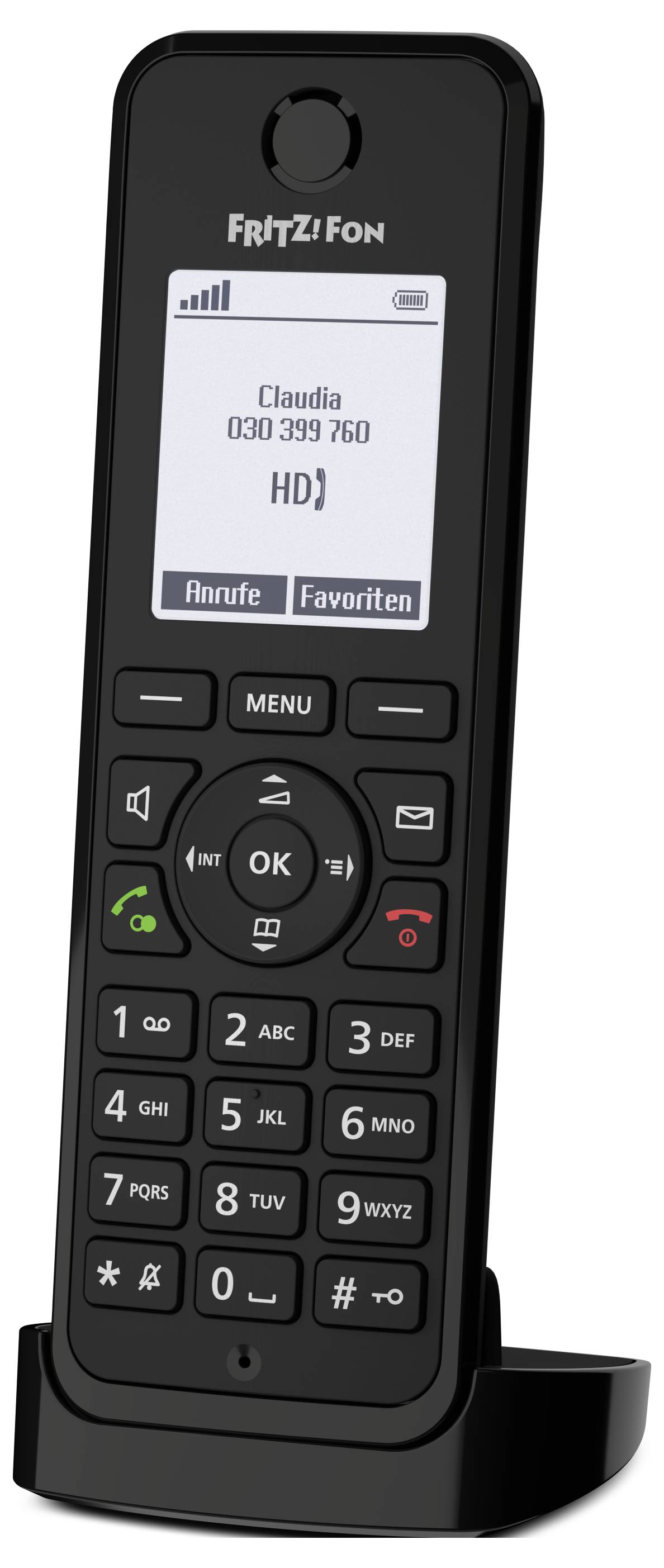 Een zwarte draadloze telefoon met een scherm dat de naam 'Claudia' en een telefoonnummer weergeeft. Knoppen zijn gelabeld voor oproepfuncties.