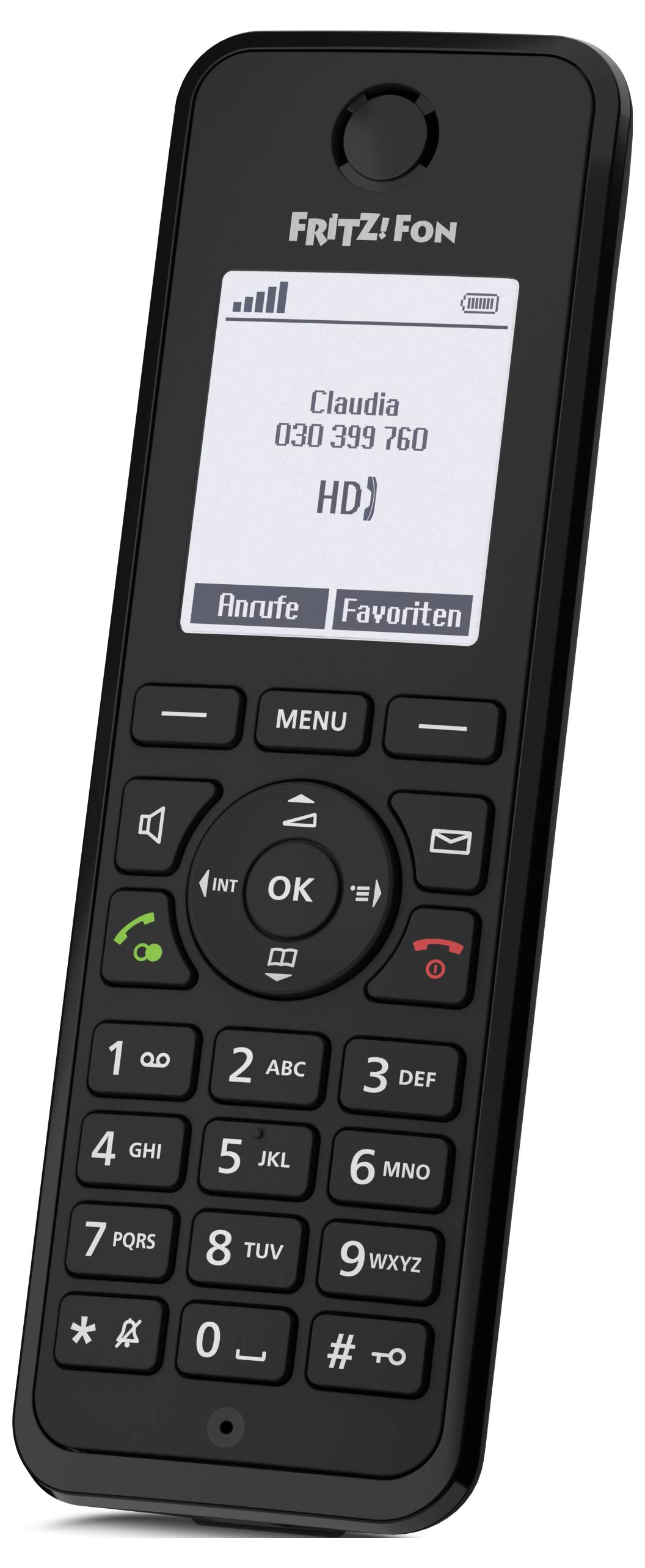 Een zwarte draadloze telefoon met 'Claudia 030 399 760' op het scherm en verschillende knoppen voor menu, oproepen en navigatie.