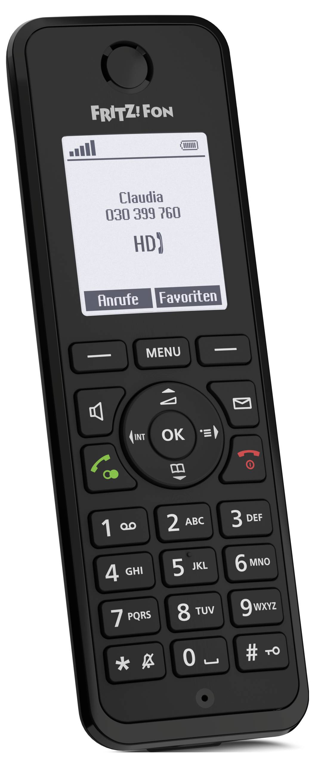 'Een draadloze handtelefoon met een display waarop de beller-ID van Claudia en het nummer 030 399 760 wordt getoond, met verschillende functietoetsen.'