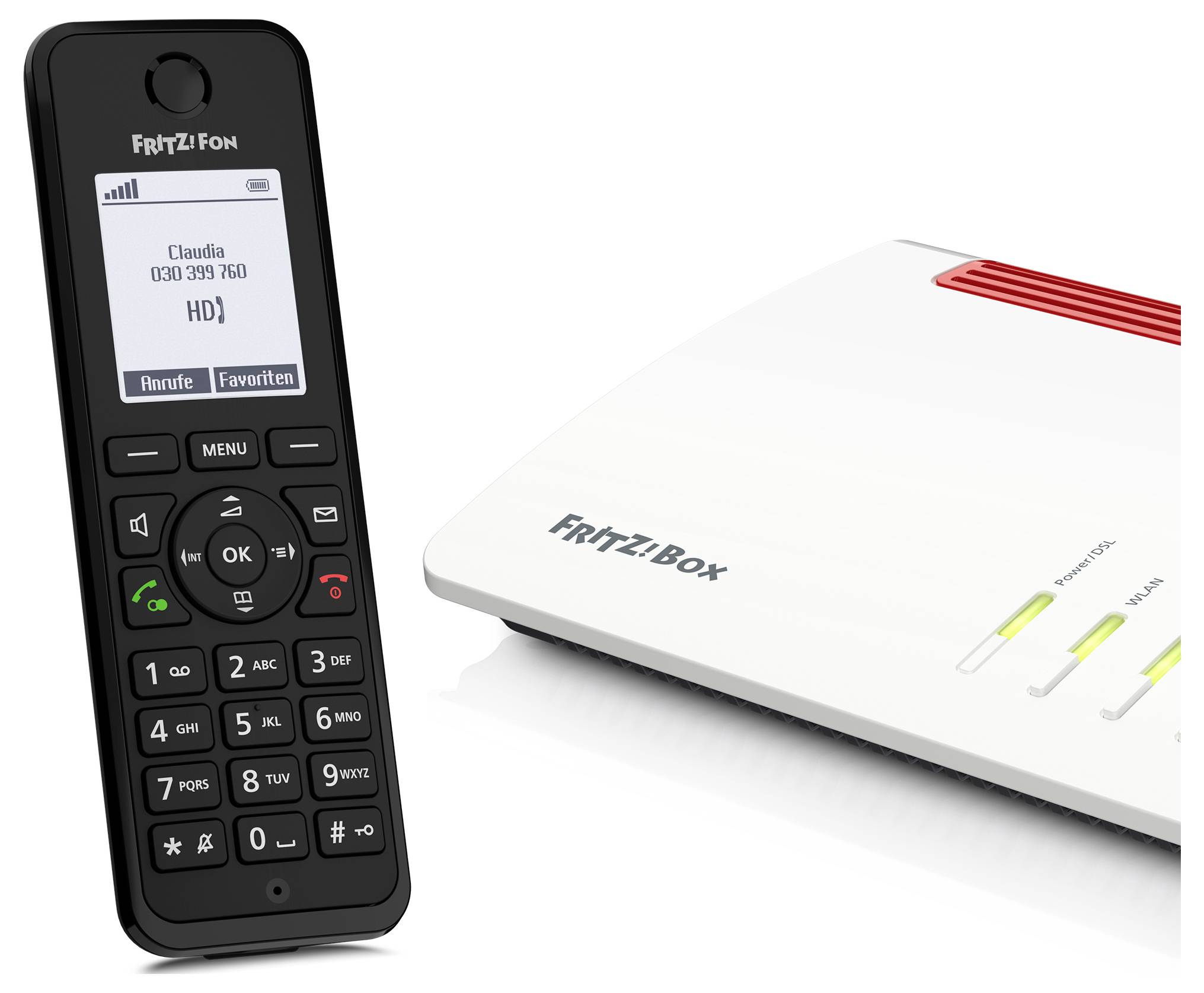 Een zwarte draadloze telefoon met een display, naast een witte Wi-Fi-router. Op het scherm van de telefoon is een belscherm met opties te zien.