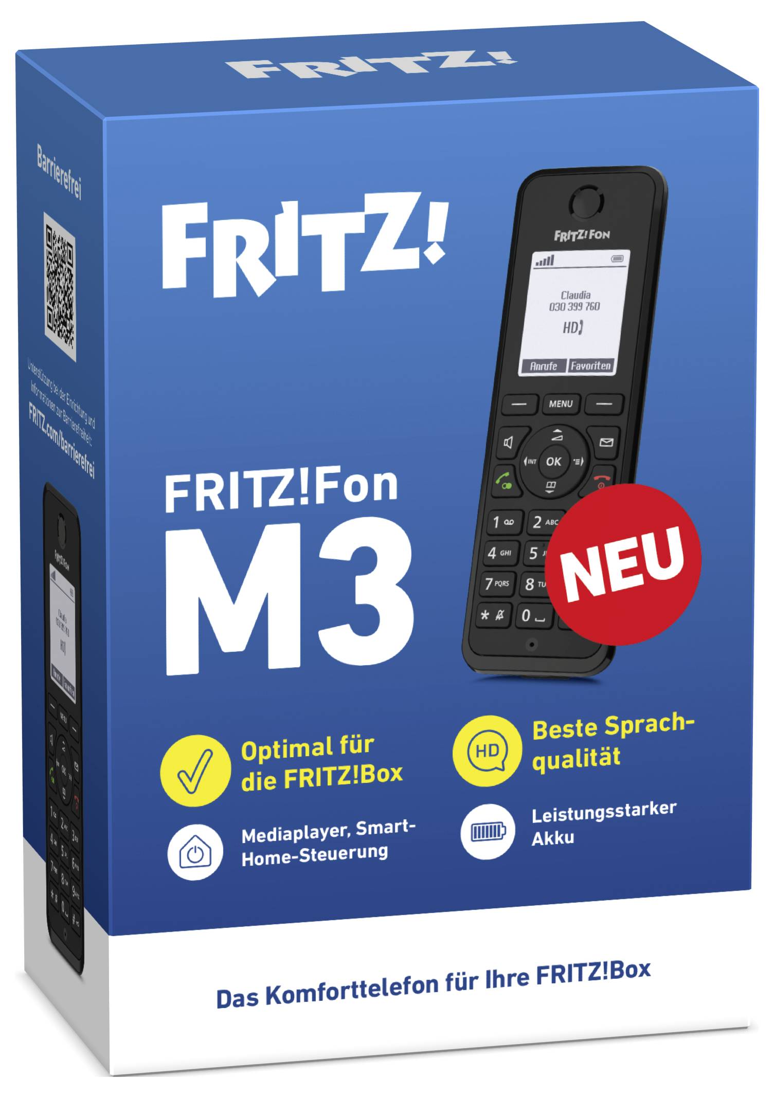 'FRITZ!Fon M3' draadloze telefoon doos met een afbeelding van de telefoon waarbij functies worden uitgelicht: optimaal voor FRITZ!Box, hoogwaardige geluidskwaliteit, krachtige batterij.