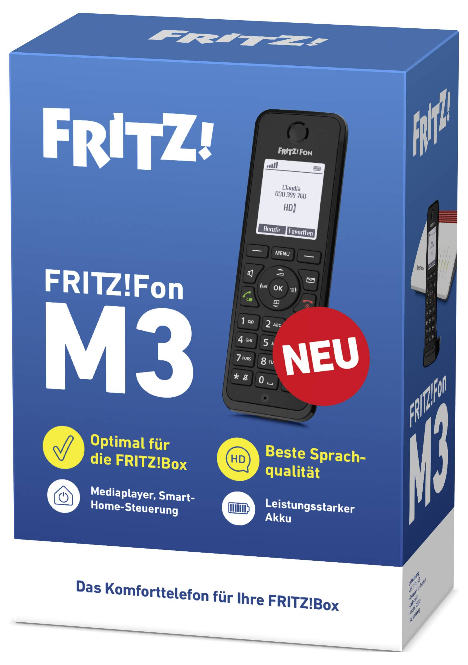 De afbeelding toont de verpakking van 'FRITZ!Fon M3', een telefoon ontworpen voor FRITZ!Box. Enkele hoogtepunten zijn mediaspelerfuncties en uitstekende geluidskwaliteit.