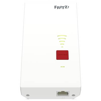 Een witte Wi-Fi-versterker met een rode 'Verbinden'-knop en een netwerkpoort aan de onderkant. Groene indicatorlampjes geven de verbindingsstatus weer.