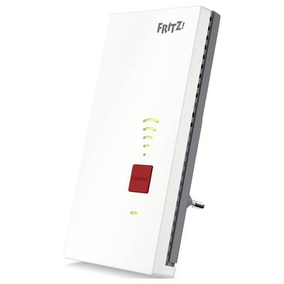 Een witte Wi-Fi-repeater met een 'VERBINDEN'-knop en signaalsterktemeterindicatoren aan de voorkant.