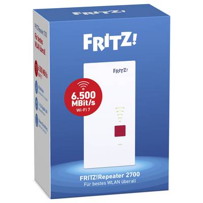 De afbeelding toont verpakking voor de FRITZ!Repeater 2700, waarbij de Wi-Fi 7-capaciteit en 6.500 MBit/s snelheid voor uitgebreide WLAN-dekking worden benadrukt.