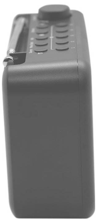 Zijaanzicht van een slanke moderne radio met een rij knoppen en een grote knop bovenop.