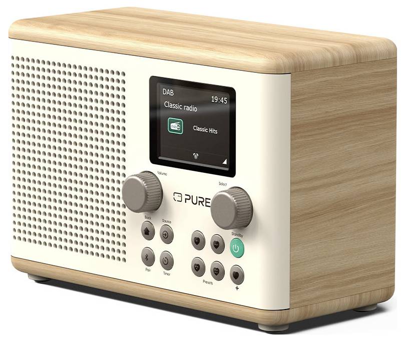 Een digitale radio met een houtfineer afwerking en een wit voorpaneel, voorzien van een display met 'DAB Classic radio' en bedieningsknoppen en -toetsen.